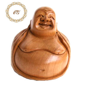 a handcrafted natural wood Laughing Buddha statue with a joyful expression and smooth finish.