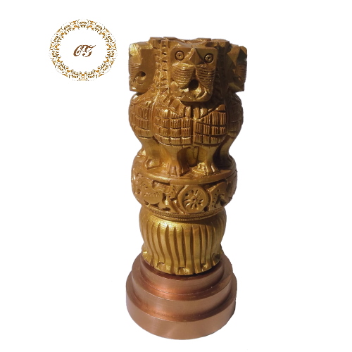 wooden-ashoka-pillar-national-emblem-statue_CGAP0053_6 Hand-carved wooden Ashoka Pillar with four lions and Ashoka Chakra on a circular pedestal, gold-polished finish, suitable for office table decor and patriotic gifting.