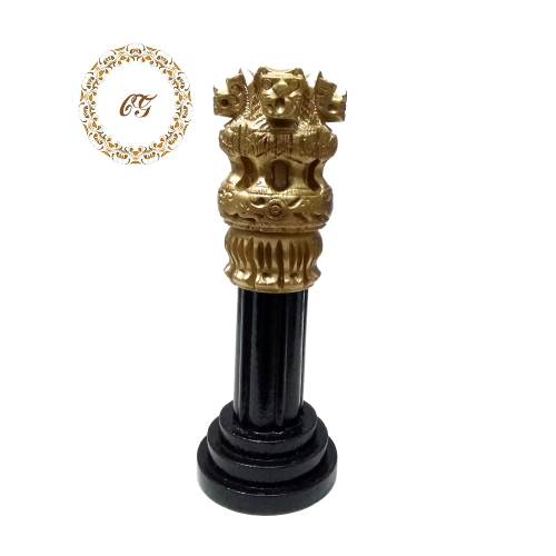CGAP0054_5_Ashoka Pillar Golden Ashoka Pillar National Emblem statue with four lions on a sleek black fluted pedestal. High-quality Indian patriotic desk accessory and corporate gift.