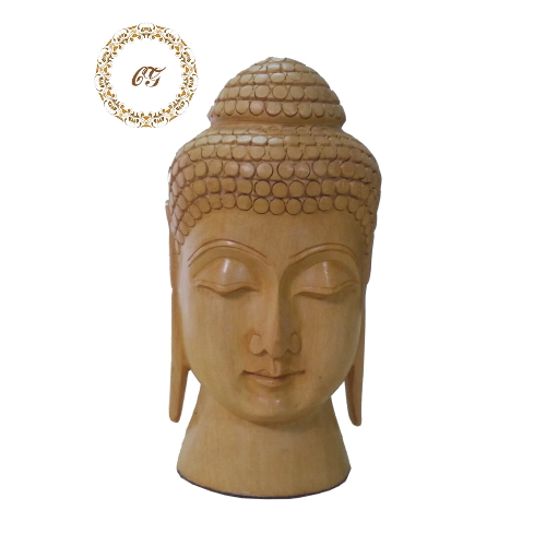 CraftsGallery 6-Inch Hand-Carved Wooden Buddha Head Statue for Zen Home Decor wooden Buddha head statue with traditional Indian hand-carved details, natural brown wood finish for Zen home and Vastu office decor.