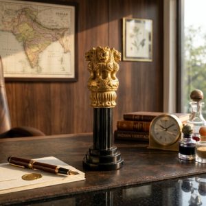 Golden Ashoka Pillar National Emblem statue with four lions on a sleek black fluted pedestal. High-quality Indian patriotic desk accessory and corporate gift.