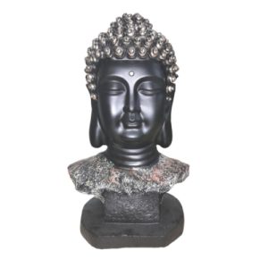 A serene Buddha bust sculpture in matte black resin with silver-tipped curls, mounted on a rustic stone-textured base, isolated on white.