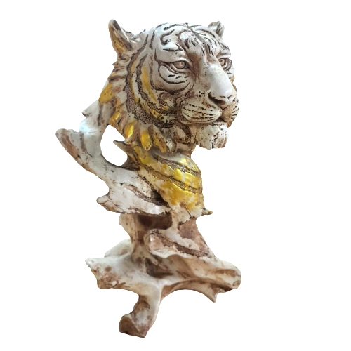 Tiger_figurine_resin_statue_CGRLH0001 A detailed resin sculpture of a tiger's head with ivory finish and gold-colored accents, mounted on a rustic driftwood-style base.