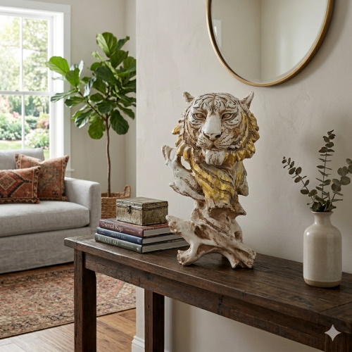 Resin tiger statue_CGRLH0001 Handcrafted Resin Tiger Bust Statue – Ivory & Gold Leaf Wildlife Sculpture