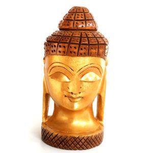 Front view of a handcrafted golden-finish wooden Buddha head statue with intricate carvings.