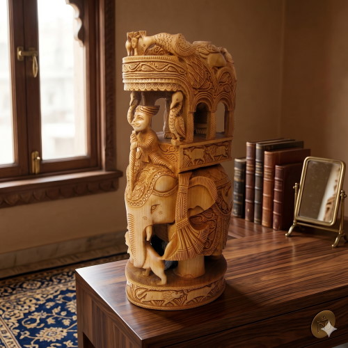 ambabari_CGWAS001_12a Hand-carved 12-inch wooden Ambabari royal elephant statue with intricate canopy on a luxury wooden table.